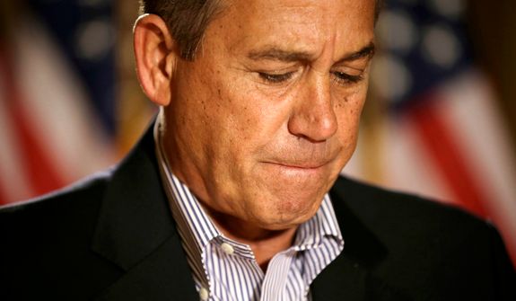 **FILE** House Speaker John Boehner, Ohio Republican, pauses Dec. 7, 2012, during a news conference on Capitol Hill in Washington to discuss the pending &quot;fiscal cliff.&quot; (Associated Press)