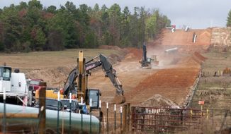 **FILE** Crews work on construction of the TransCanada Keystone XL Pipeline near County Road 363 and County Road 357, east of Winona, Texas, on Dec. 3, 2012. (Associated Press/The Tyler Morning Telegraph)