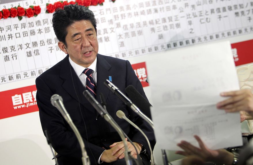 Shinzo Abe, leader of the main Japanese opposition Liberal Democratic Party, answers a reporter's question at party headquarters in Tokyo on Sunday night, Dec. 16, 2012. The conservative LDP stormed back into power in parliamentary elections Sunday after three years in opposition, exit polls showed, signaling a rightward shift in the government that could further heighten tensions with rival China. (AP Photo/Junji Kurokawa)