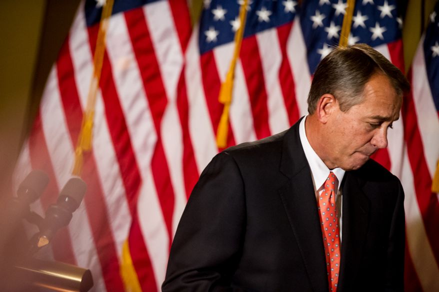 House Speaker John Boehner (R-Ohio) leaves after speaking at a press conference on the fiscal cliff negotiations at the U.S. Capitol Building, Washington, D.C., Wednesday, Dec. 19, 2012. (Andrew Harnik/The Washington Times)