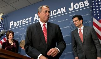 ** FILE ** Speaker of the House John Boehner, R-Ohio, joined by Rep. Cathy McMorris Rodgers, left, and House Majority Leader Eric Cantor, R-Va., right, as they finish a news conference about the fiscal cliff negotiations after a closed-door GOP strategy session, at the Capitol in Washington, Tuesday, Dec. 18, 2012. (AP Photo/J. Scott Applewhite)