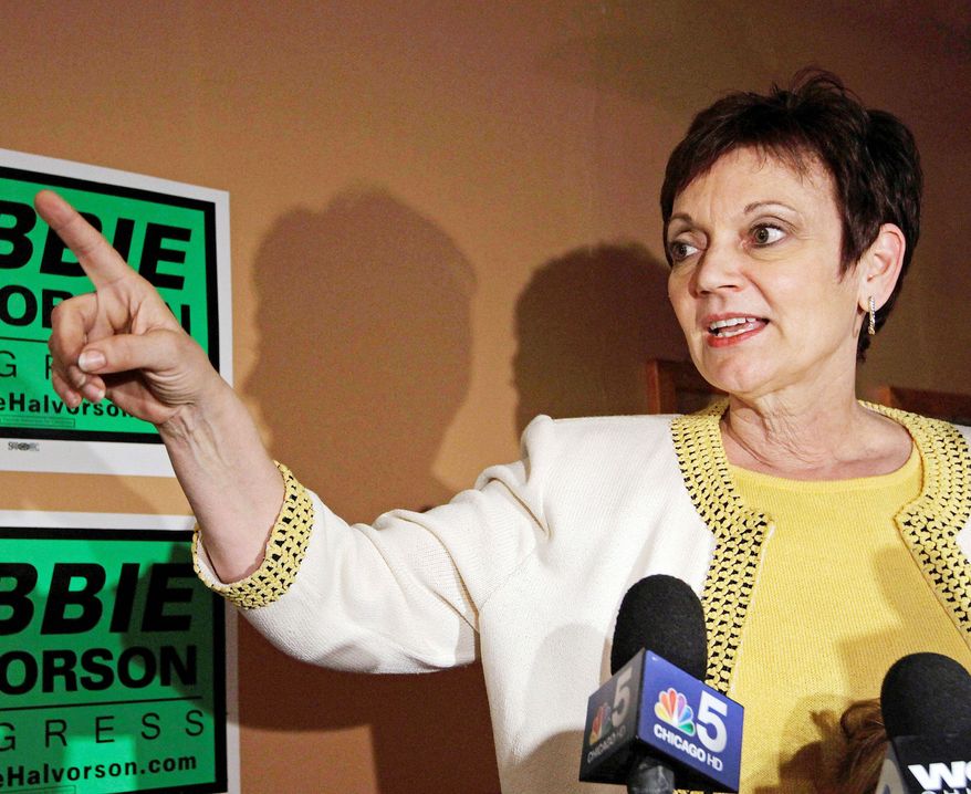 ** FILE ** This March 20, 2012 photo taken in Homewood, Ill., shows former U.S. Rep. Debbie Halvorson, Illinois Democrat. as she speaks to supporters in Homewood, Ill. Halvorson is one of many candidates in a crowded field of candidates hoping to fill former Illinois U.S. Rep. Jesse Jackson Jr.'s congressional seat. (AP Photo/Seth Perlman, File)