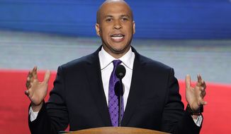 ** FILE ** Newark, N.J., Mayor Cory Booker addresses the Democratic National Convention in Charlotte, N.C., on on Sept. 4, 2012. (Associated Press)