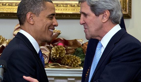 ** File ** President Obama looks to Sen. John F. Kerry, Massachusetts Democrat, after announcing Mr. Kerry&#39;s nomination as the next secretary of state in the Roosevelt Room of the White House on Dec. 21, 2012, in Washington. (Associated Press)