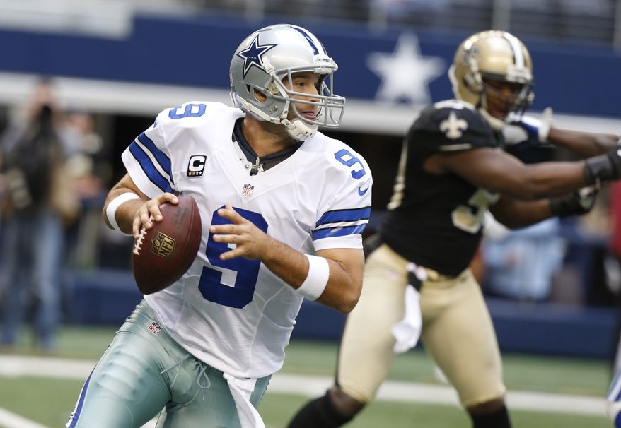 Dallas Cowboys quarterback Tony Romo (9) looks to pass during the second half of an NFL football game against the New Orleans Saints Sunday, Dec. 23, 2012 in Arlington, Texas. (AP Photo/Sharon Ellman)