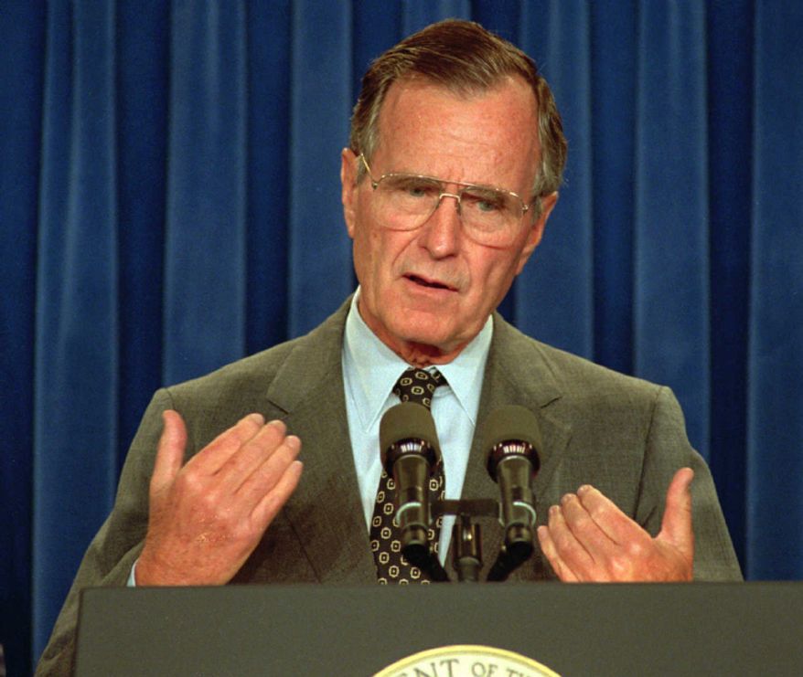 President Bush speaks during a news conference in the White House Thursday where he announced that he has asked James A. Baker III to resign as secretary of state and replace Sam Skinner as White House chief of staff. Deputy Secretary of State Lawrence Eagleburger will replace Baker at the state department. (AP Photo/Greg Gibson)