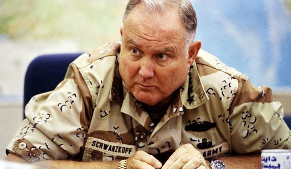 **FILE** U.S. Army Gen. H. Norman Schwarzkopf, commander of U.S. forces in Saudi Arabia, answers questions during an interview in Riyadh on Sept. 14, 1990. (Associated Press)