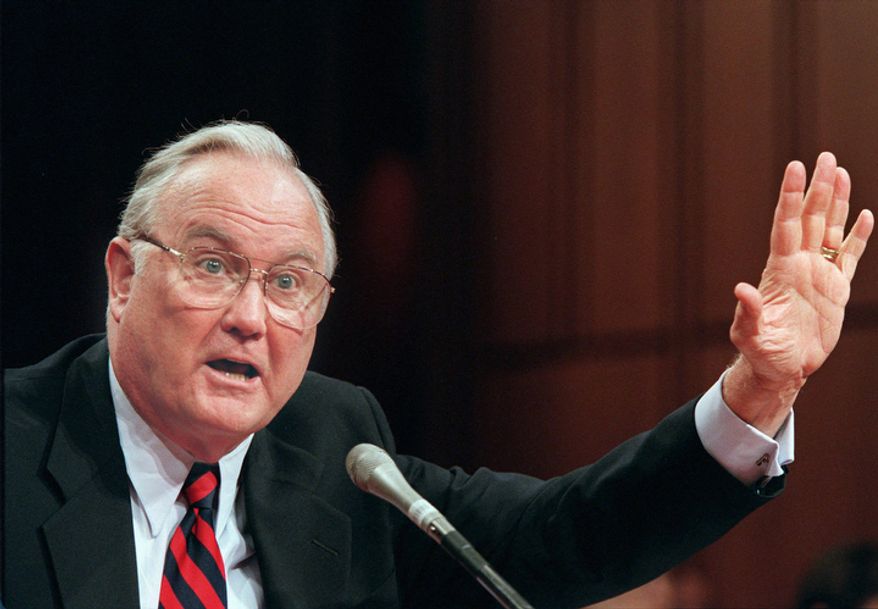 **FILE** Retired Gen. Norman Schwarzkopf testifies Jan. 29, 1997, on Capitol Hill in Washington before the Senate Veterans Affairs Committee hearing on the Persian Gulf War illness. (Associated Press)