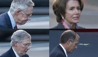 ** FILE ** This combination of photographs shows Senate Majority Leader Harry Reid of Nevada, House Minority Leader Nancy Pelosi of California, Senate Minority Leader Mitch McConnell of Kentucky and House Speaker John Boehner of Ohio as they leave the White House separately in Washington, Friday, Dec. 28, 2012, after a closed-door meeting between President Barack Obama and congressional leaders to negotiate the framework for a deal on the fiscal cliff. (AP Photo/Evan Vucci)

