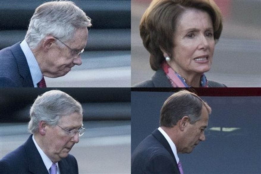 ** FILE ** This combination of photographs shows Senate Majority Leader Harry Reid of Nevada, House Minority Leader Nancy Pelosi of California, Senate Minority Leader Mitch McConnell of Kentucky and House Speaker John Boehner of Ohio as they leave the White House separately in Washington, Friday, Dec. 28, 2012, after a closed-door meeting between President Barack Obama and congressional leaders to negotiate the framework for a deal on the fiscal cliff. (AP Photo/Evan Vucci)