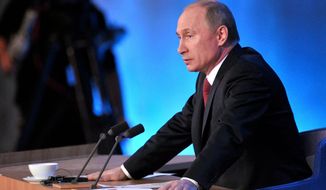 **FILE** Russian President Vladimir Putin speaks during a news conference in Moscow on Dec. 20, 2012. (Associated Press/RIA Novosti, Alexei Nikolsky, Presidential Press Service)