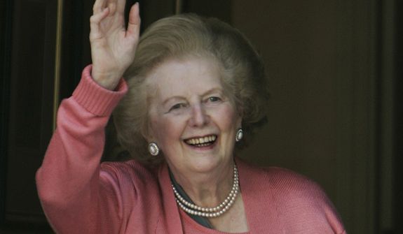 ** FILE ** Former British Prime Minister Margaret Thatcher waves to members of the media on Monday, June 29, 2009. She died Monday, April 8, 2013, of a stroke. (AP Photo/Lefteris Pitarakis)