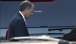 House Speaker John A. Boehner, Ohio Republican, leaves the White House in Washington on Friday, Dec. 28, 2012, after a closed-door meeting between President Obama and congressional leaders to negotiate the framework for a deal on the &quot;fiscal cliff.&quot; (AP Photo/Evan Vucci)

