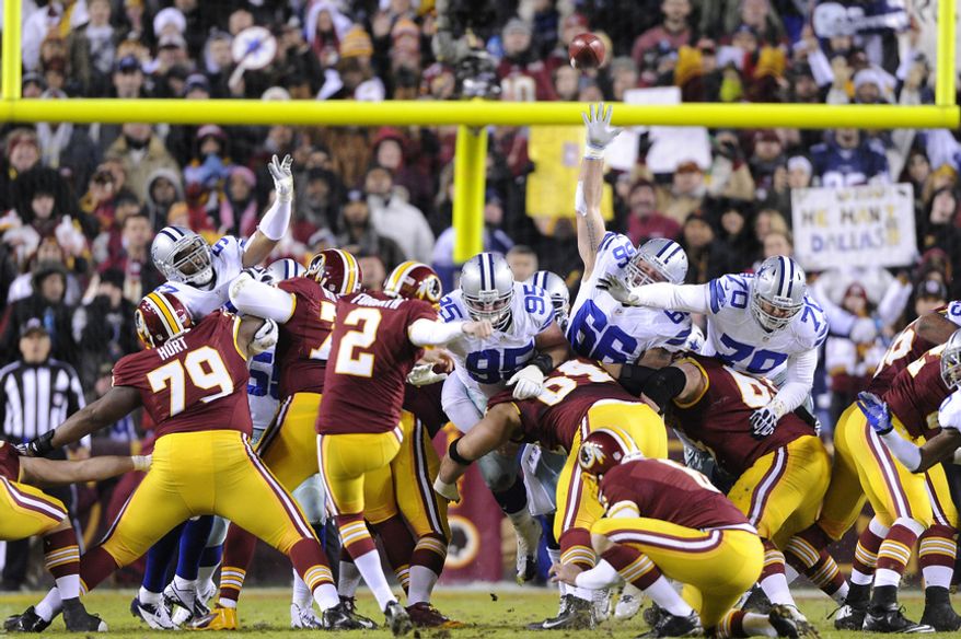 Washington Redskins kicker Kai Forbath (2) misses a 37-yard field goal, his first miss of the season, at FedEx Field, Landover, Md., Dec. 30, 2012. (Preston Keres/Special to The Washington Times)