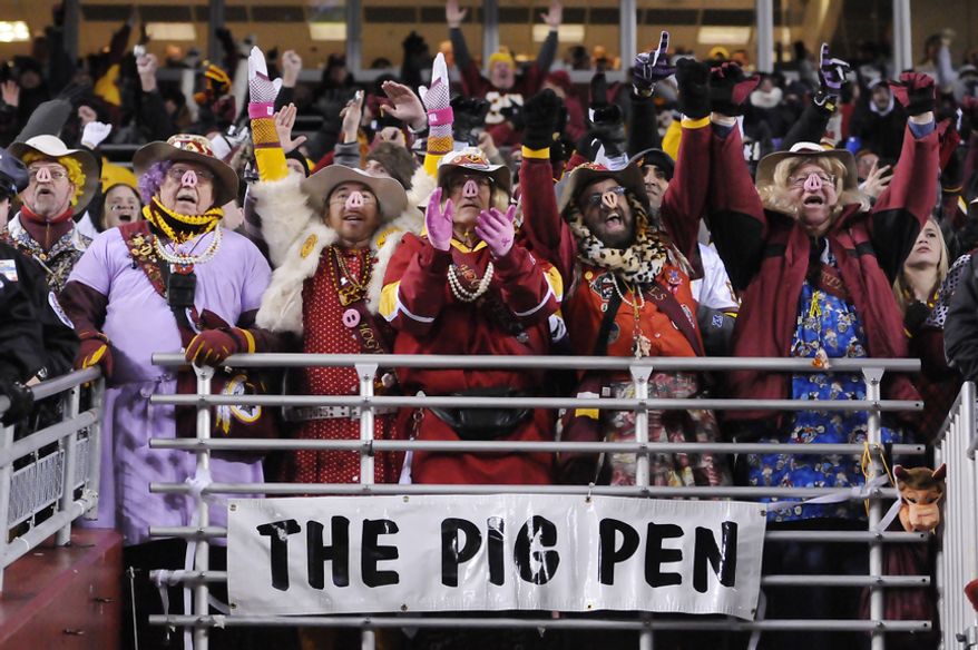 The Pig Pen celebrates running back Alfred Morris' final touchdown of the game that solidified the NFC East title for the Washington Redskins at FedEx Field, Landover, Md., Dec. 30, 2012. (Preston Keres/Special to The Washington Times)
