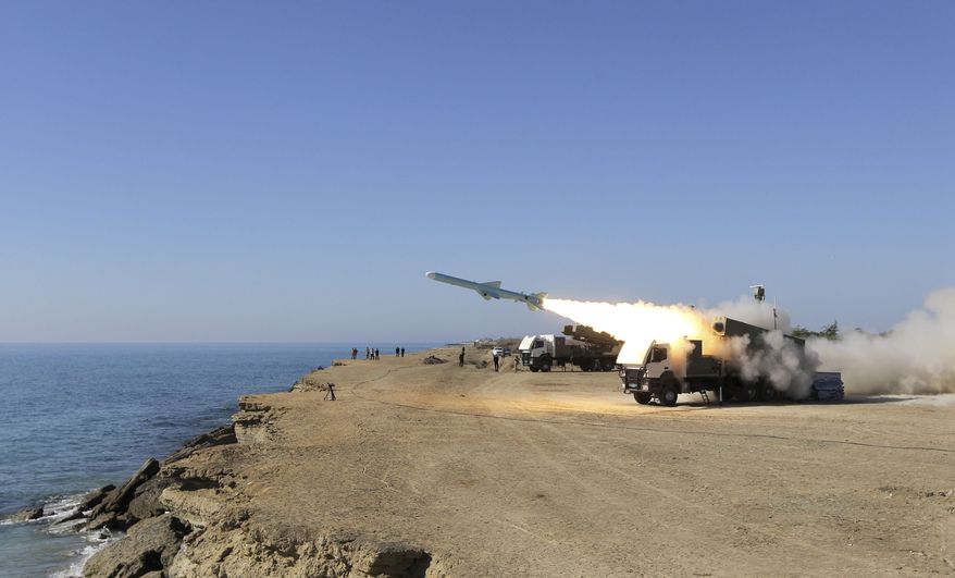 ** FILE ** A Ghader missile is launched from the area near the Iranian port of Jask, on the shore of the Gulf of Oman, during an Iranian navy drill on Tuesday, Jan. 1, 2013. (AP Photo/Jamejam Online, Azin Haghighi)