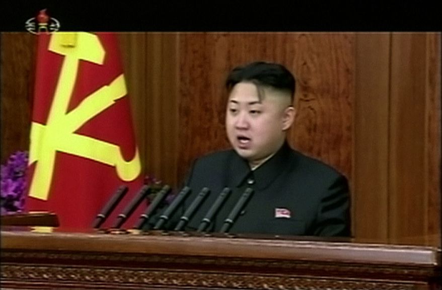 North Korean leader Kim Jong-un gives his first New Year's Day address in Pyongyang, North Korea, on Tuesday, Jan. 1, 2013. Mr. Kim called for his country to focus on economic improvements with the same urgency that scientists put into the launch of a long-range rocket last month. (AP Photo/KRT via AP Video)