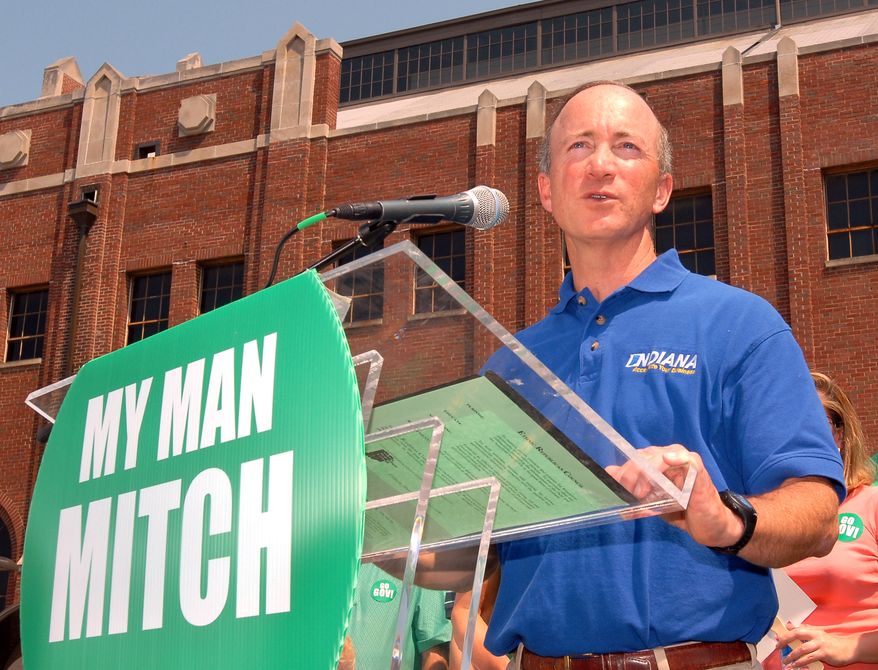 Indiana Gov. Mitch Daniels announces his re-election bid at a campaign fair outside Butler University's storied Hinkle Fieldhouse in Indianapolis on June 16, 2007. (AP Photo/Tom Strickland)