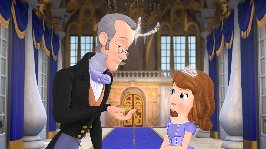 The royal steward Baileywick (left), voiced by Tim Gunn, advises Princess Sofia, voiced by Ariel Winter, how to act and dress as a royal in the animated "Sofia the First" from Disney. (AP Photo/Disney Junior)