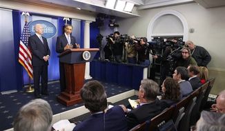 President Obama and Vice President Biden make a statement regarding the passage of the fiscal cliff bill in the Brady Press Briefing Room at the White House in Washington on Jan. 2, 2013. (Associated Press)