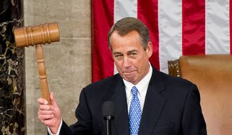 House Speaker John A. Boehner holds the gavel after narrowly being re-elected to lead the U.S. House of Representatives in the 113th Congress on Thursday, Jan. 3, 2013, at the U.S. Capitol in Washington. (Andrew Harnik/The Washington Times)