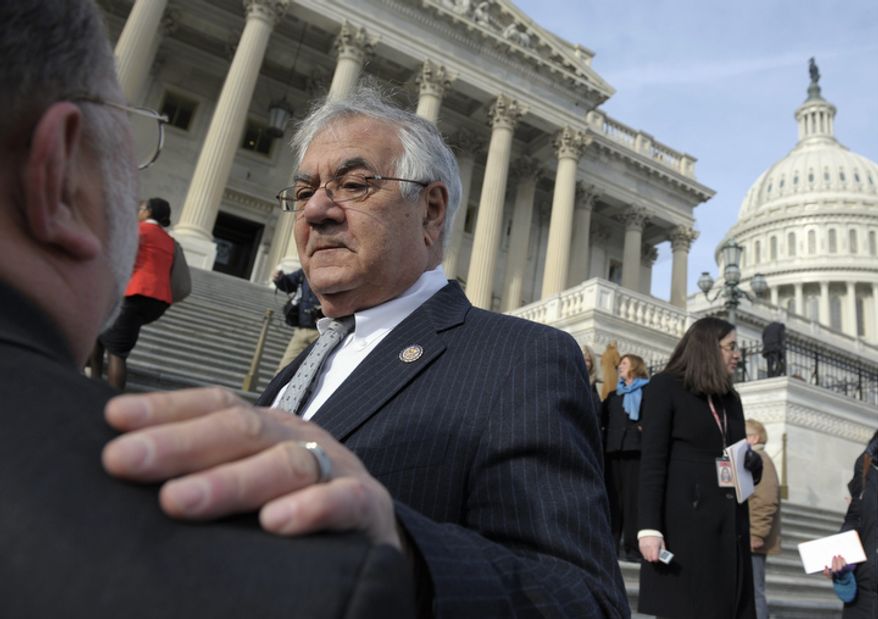 Retiring Rep. Barney Frank, D-Mass. talks on Capitol Hill in Washington, Thursday, Jan. 3, 2013, prior to the start of the 113th Congress. Joseph Kennedy III is scheduled to be sworn in Thursday, replacing Frank. (AP Photo/Cliff Owen)