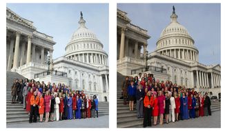 This combo of two photos shows, at left, an Associated Press photo taken Jan. 3, 2013, of House Minority Leader Nancy Pelosi posing with female House members on Capitol Hill in Washington, and at right, a screen grab from Pelosi&#39;s Flickr page of an altered photo of Pelosi with female House members on Capitol Hill in Washington. (Associated Press)