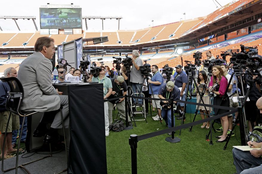Alabama head coach Nick Saban answers questions during Media Day for the BCS National Championship college football game Saturday, Jan. 5, 2013, in Miami. Alabama faces Notre Dame in Monday's championship game. (AP Photo/Chris O'Meara)