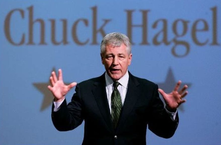 ** FILE ** Then-Sen. Chuck Hagel, Nebraska Republican, speaks during an appearance at Bellevue University in Bellevue, Neb., in 2007. (AP Photo/Nati Harnik)