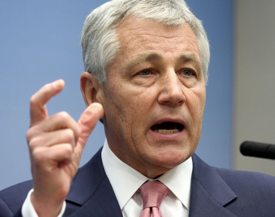 ** FILE ** Then-Sen. Chuck Hagel, Nebraska Republican, speaks on foreign policy at the Brookings Institution in Washington in 2008. (AP Photo/Lauren Victoria Burke)