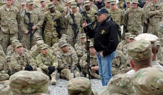 Defense Secretary Leon E. Panetta, soon to step down, addresses the troops during a visit to Kandahar airfield in Kandahar, Afghanistan, on Dec. 13. (Associated Press)