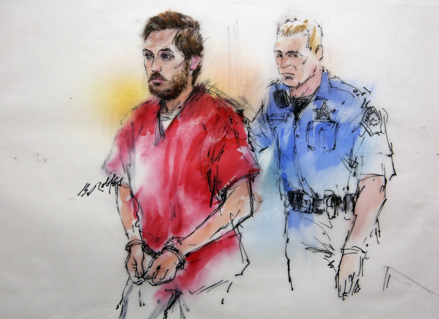 **FILE** This courtroom sketch shows James Holmes being escorted by a deputy as he arrives at preliminary hearing in district court in Centennial, Colo., on Jan. 7, 2013. Investigators say Holmes opened fire during the midnight showing of the latest Batman movie on July 20, killing 12 people and wounding dozens. (Associated Press)