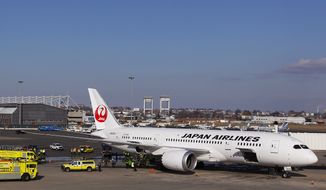 A Japan Airlines Boeing 787 &quot;Dreamliner&quot; jet aircraft is surrounded by emergency vehicles while parked at a Terminal E gate at Logan International Airport in Boston on Monday, Jan. 7, 2013, following a fire that started in one of the plane&#39;s lithium ion batteries. (AP Photo/Stephan Savoia)