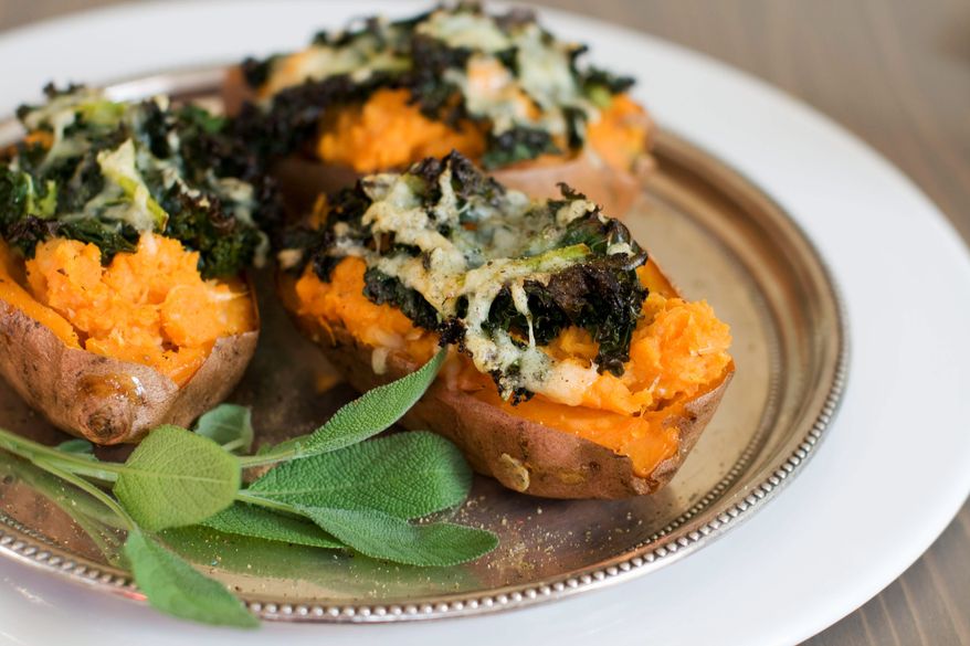 Loaded baked sweet potatoes make a savory one-bowl meal, especially in winter. (Associated Press)