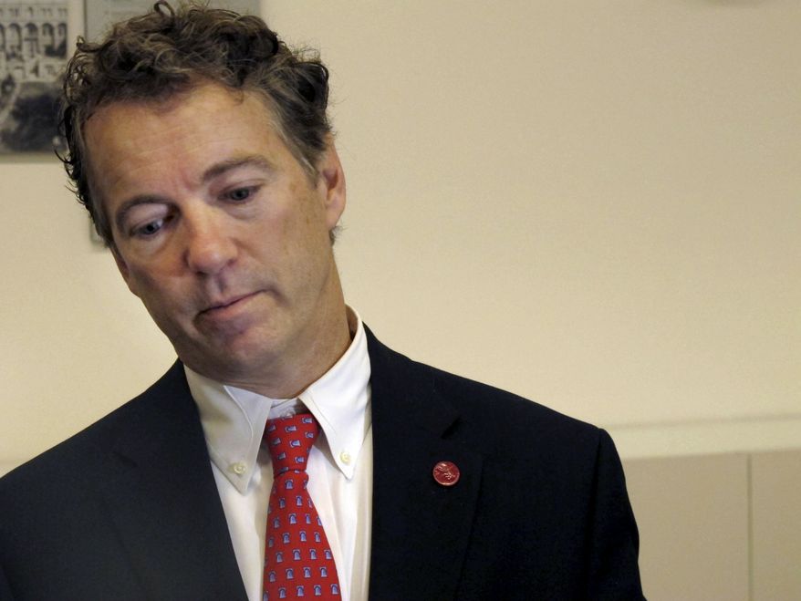 Sen. Rand Paul, Kentucky Republican, pauses during a press briefing at a hotel in Jerusalem on Jan. 7, 2013, during his first visit to Israel. (Associated Press)