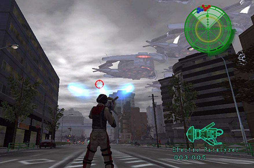 Blast alien ships out of the sky before they drop really big bugs in the PS Vita game Earth Defense Force 2017 Portable.