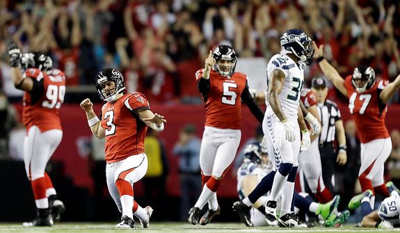 Atlanta Falcons kicker Matt Bryant (3) reacts to his game winning field goal against the Seattle Seahawks during the second half of an NFC divisional playoff NFL football game Sunday, Jan. 13, 2013, in Atlanta. The Falcons won 30-28. (AP Photo/David Goldman)