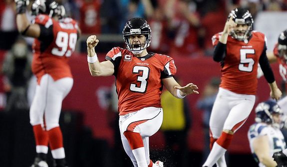 Atlanta Falcons kicker Matt Bryant (3) reacts to his game winning field goal against the Seattle Seahawks during the second half of an NFC divisional playoff NFL football game Sunday, Jan. 13, 2013, in Atlanta. The Falcons won 30-28. (AP Photo/David Goldman)