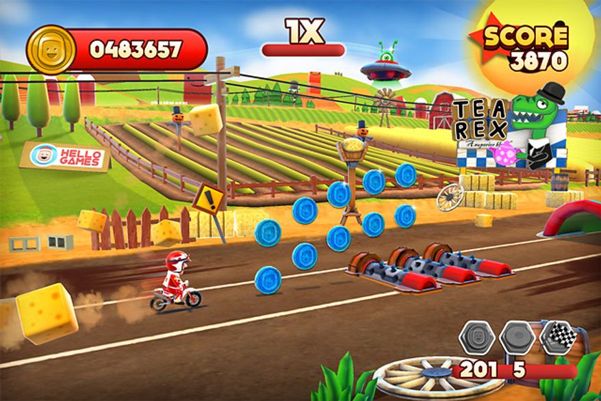 A player helps a motorcycle daredevil conquer courses in the iPad game Joe Danger Touch.