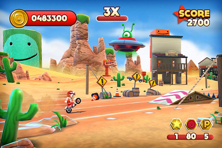 The world's most determined stuntman pops a wheelie in the iPad game Joe Danger Touch.
