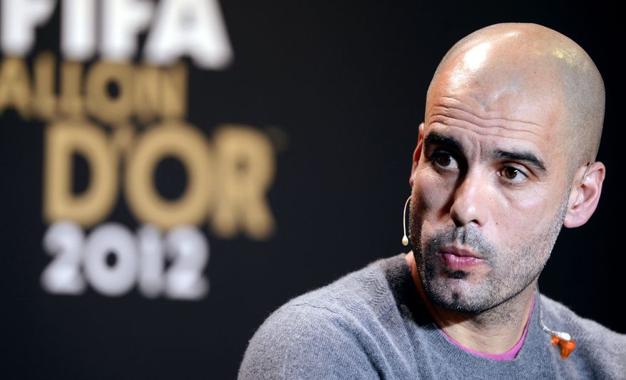 In this Jan. 7, 2013 file picture Spain's Pep Guardiola, one of the nominees for the FIFA Men's World Soccer Coach of the Year Award, attends a press conference during the FIFA Ballon d'Or Gala 2013 held at the Kongresshaus in Zurich, Switzerland. German Bundesliga soccer club Bayern Munich says Wednesday Jan. 16, 2013, Pep Guardiola will become the club's coach in July on 3-year contract. (AP Photo/Keystone/Walter Bieri)