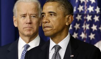President Obama, accompanied by Vice President Joseph R. Biden, talks about proposals to reduce gun violence on Wednesday, Jan. 16, 2013, in the South Court Auditorium at the White House complex in Washington. (AP Photo/Charles Dharapak)

