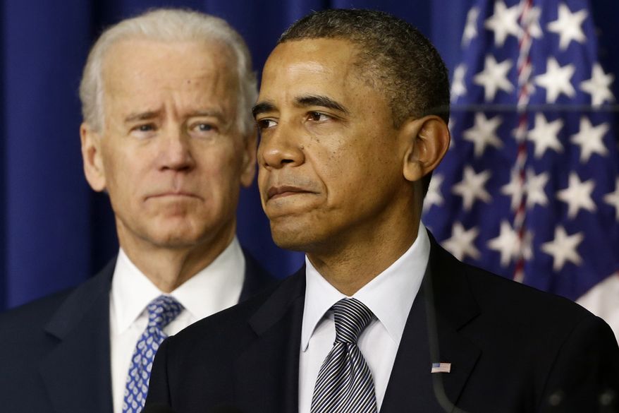 President Obama, accompanied by Vice President Joseph R. Biden, talks about proposals to reduce gun violence on Wednesday, Jan. 16, 2013, in the South Court Auditorium at the White House complex in Washington. (AP Photo/Charles Dharapak)