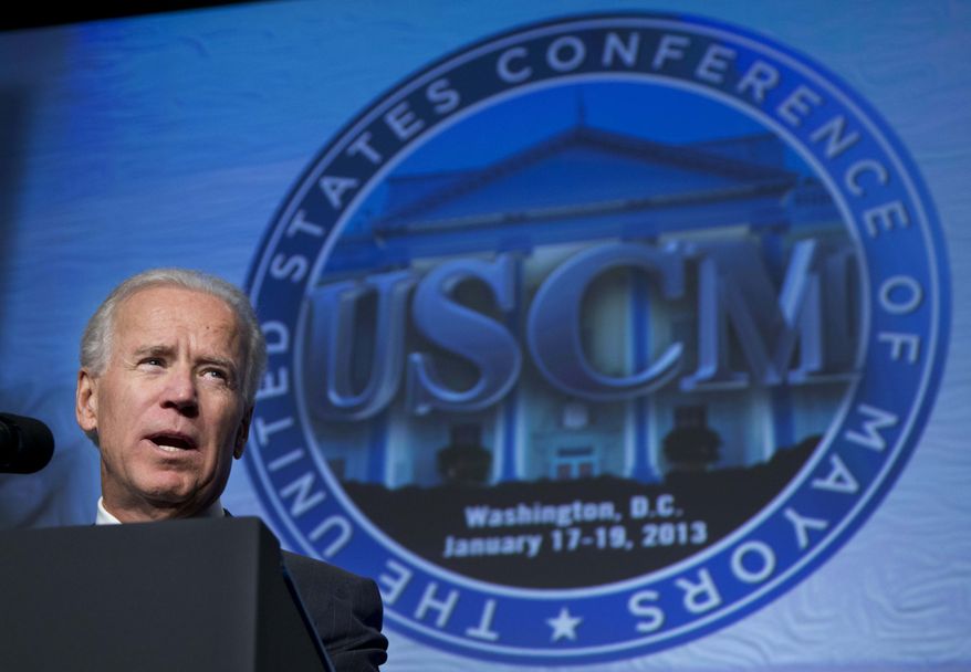 Vice President Joseph R. Biden addresses the U.S. Conference of Mayors 81st winter meeting in Washington, Thursday, Jan. 17, 2013. (AP Photo/Manuel Balce Ceneta)
