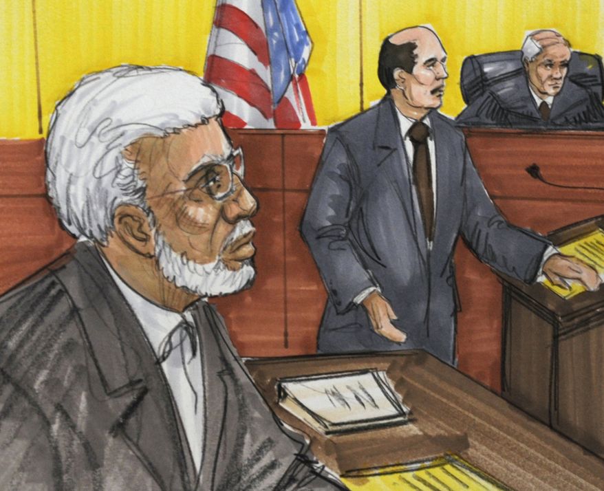 ** FILE ** Chicago businessman Tahawwur Rana (left) appears in federal court in Chicago in a June 7, 2011, courtroom sketch. (AP Photo/Tom Gianni)