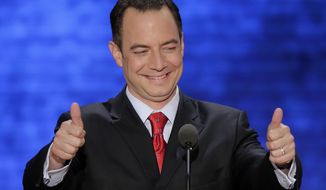 **FILE** Reince Priebus, chairman of the Republican National Committee, addresses the Republican National Convention in Tampa, Fla., on Aug. 28, 2012. (Associated Press)