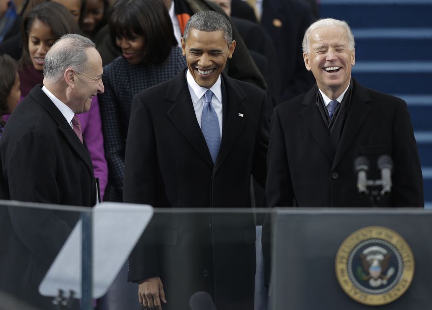 President Obama and Vice President Joseph R. Biden, with Sen. Charles E. Schumer (left), New York Democrat,  arrive at the ceremonial swearing-in at the U.S. Capitol during the 57th Presidential Inauguration in Washington on Monday, Jan. 21, 2013. (AP Photo/Pablo Martinez Monsivais)

