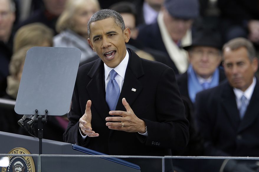 President Obama delivers his second inaugural address at the ceremonial swearing-in at the U.S. Capitol during the 57th Presidential Inauguration in Washington on Monday, Jan. 21, 2013. (AP Photo/Carolyn Kaster)