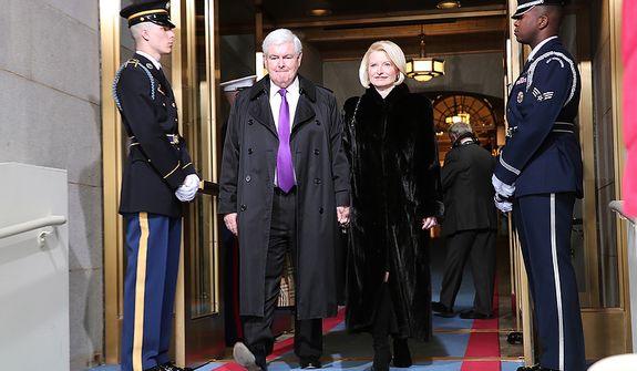 Former House Speaker Newt Gingrich and wife Callista Gingrich arrive for the presidential inauguration on the West Front of the U.S. Capitol January 21, 2013 in Washington, DC.   Barack Obama was re-elected for a second term as President of the United States.  (Photo by POOL Win McNamee/Getty Images)
