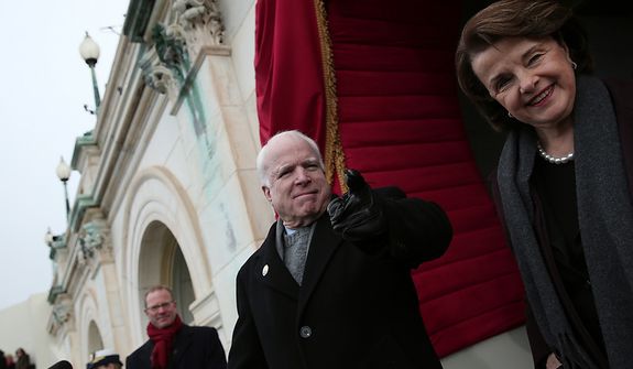 U.S. Senator John McCain (R-AZ) (L) and U.S. Sen. Dianne Feinstein (D-CA) gesture to U.S. Rep. Peter King before the presidential inauguration on the West Front of the U.S. Capitol January 21, 2013 in Washington, DC.   Barack Obama was re-elected for a second term as President of the United States.  (Photo by POOL Win McNamee/Getty Images)